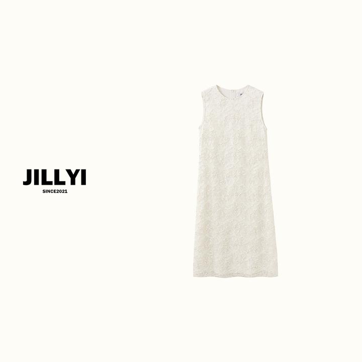JILLYI【琉璃小姐】乳白色圆领无袖蕾丝钩花气质时尚长款连衣裙