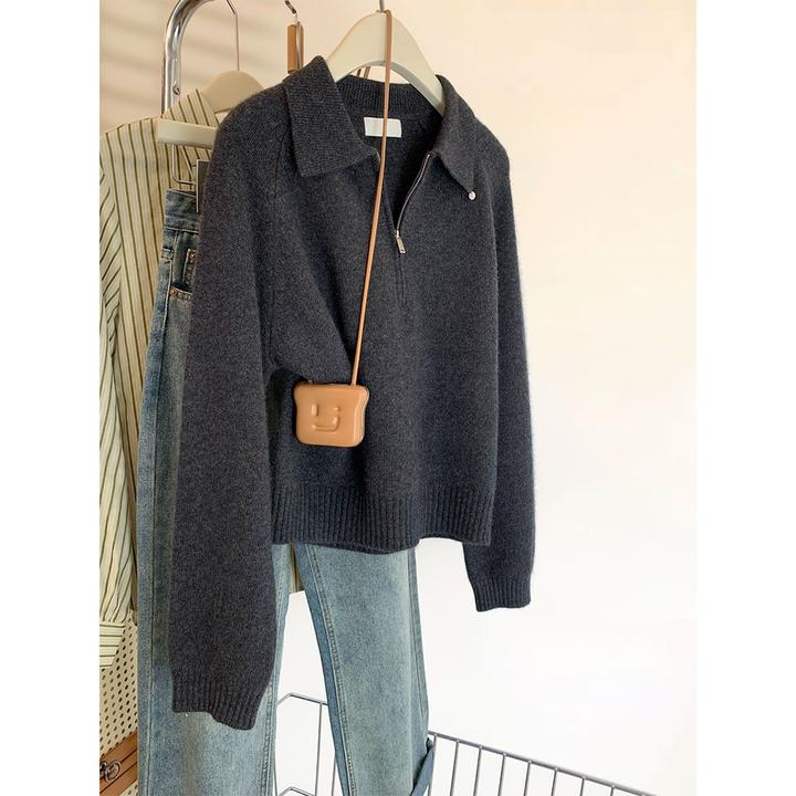 深灰色polo领半拉链针织衫女秋冬2025新款时尚翻领小个子毛衣上衣
