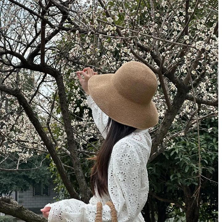 春夏草帽手工钩针草编沙滩海边太阳帽渔夫帽夏季可折叠女遮阳帽