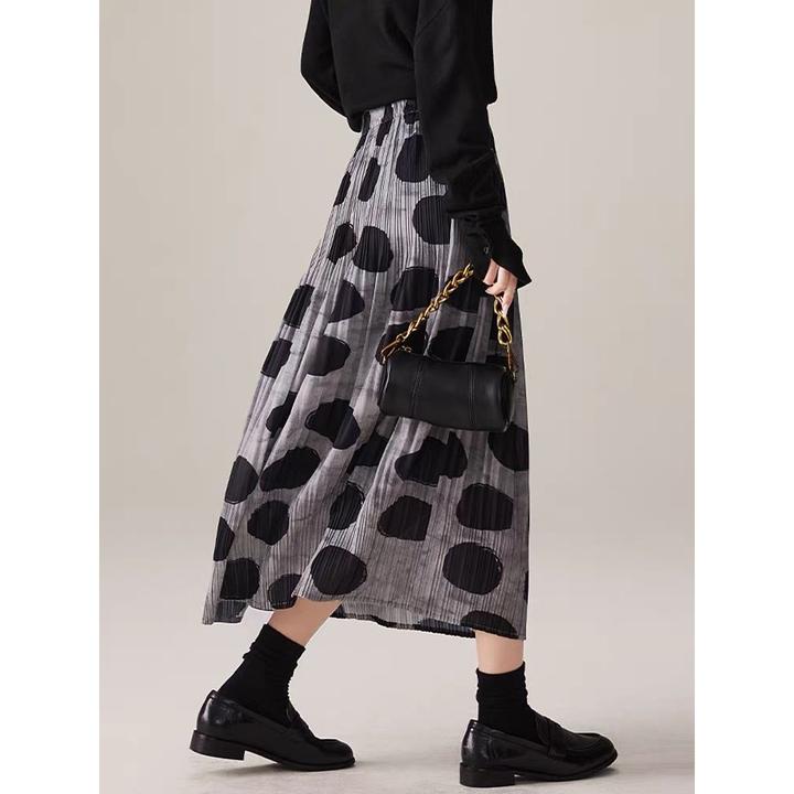 拉夏贝尔时尚松紧腰半身裙女夏季2025新款肌理感皱褶波点百褶裙子