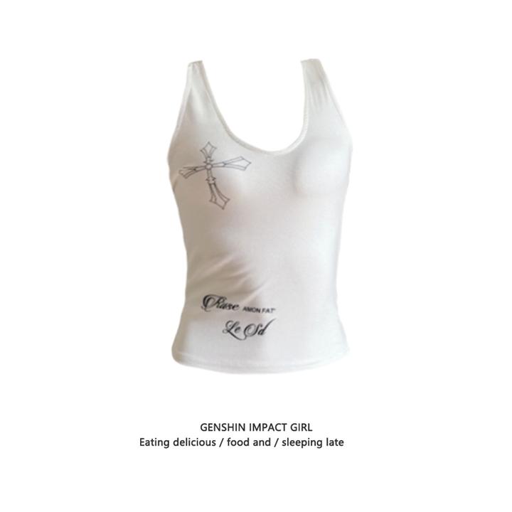 甜辣妹后背扭结工字无袖上衣夏季纯棉设计感十字架印花吊带背心女