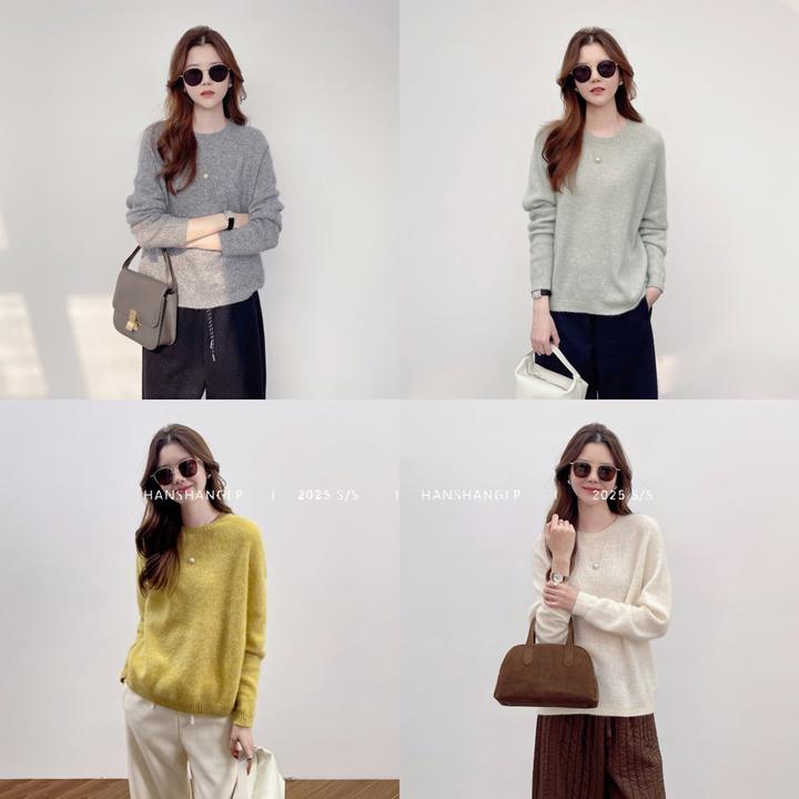 韩裳良品 软绵高支云朵阿巴斯羊绒羊毛圆领宽松亮色毛衣针织新款