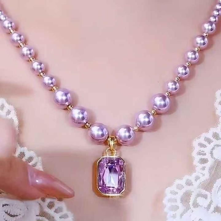 紫色方形水晶吊坠珠珠项链女2025年新款潮气质轻奢高级秋冬毛衣链