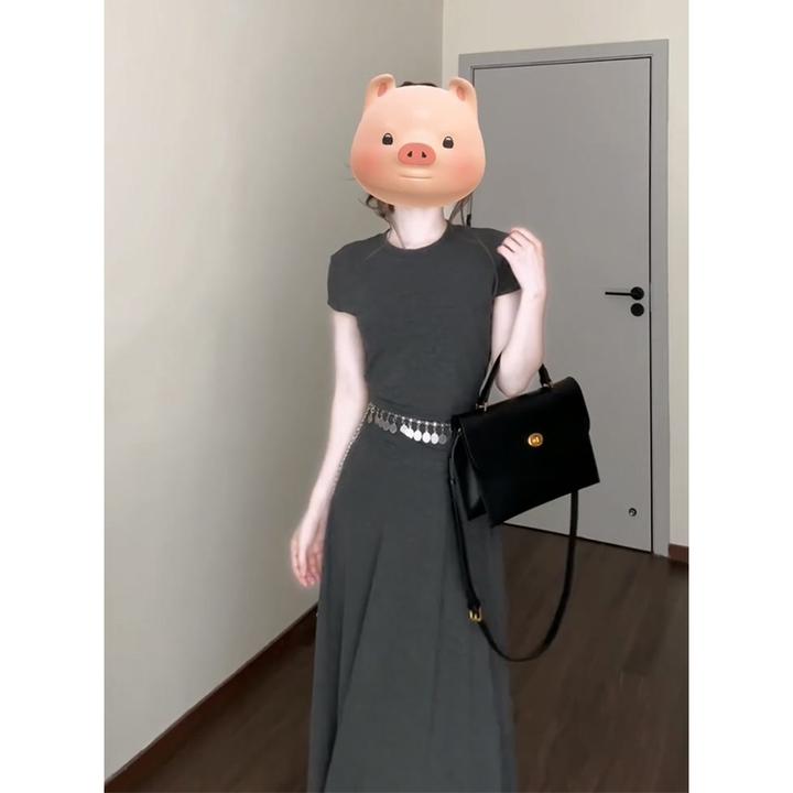 夏季绝美长裙高级感独特漂亮气质度假风修身收腰灰色短袖连衣裙女