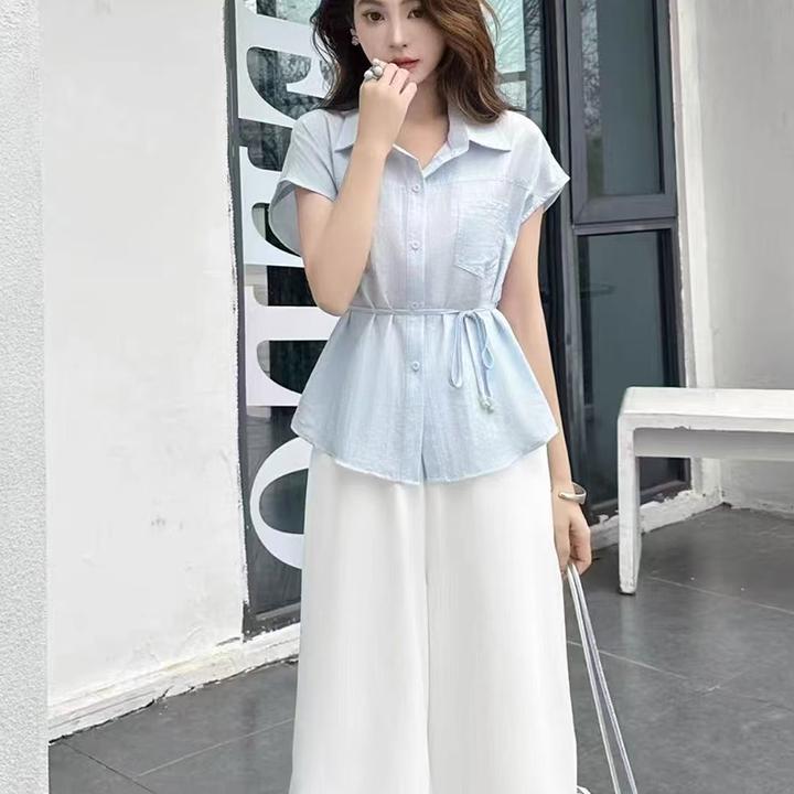 拉夏贝尔时尚气质套装女2025夏季新款百搭衬衫收腰显瘦洋气两件套