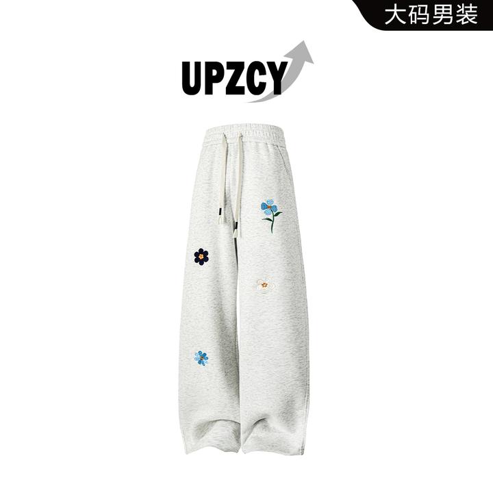 UPZCY美式大码刺绣小花休闲裤男士春秋宽松休闲百搭垂感阔腿长裤