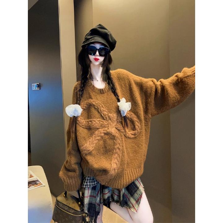 大蝴蝶结提花圆领套头毛衣女秋冬外穿慵懒风宽松加厚针织衫上衣