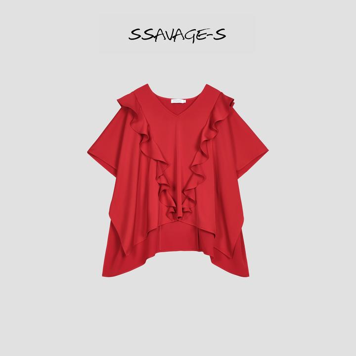 SSAVAGE“芳心猎手”客定高捻丝光缎荷叶边宽松T恤红色上衣SS90734