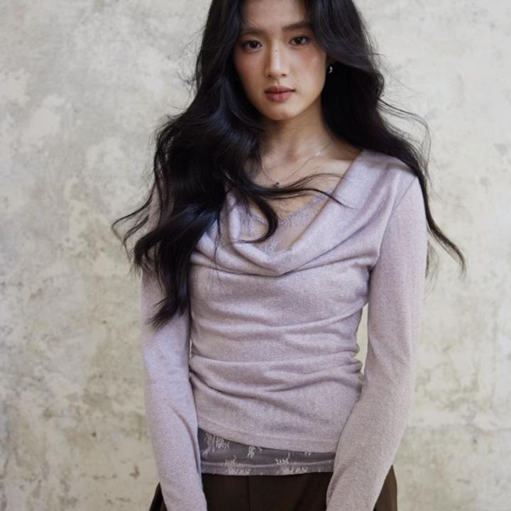 紫色蕾丝拼接荡领长袖T恤女春季时尚百搭修身显瘦内搭打底衫上衣