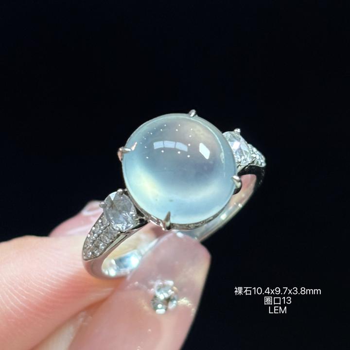 缅甸天然翡翠A货白冰蛋面戒指TSJ（下单咨询客服）