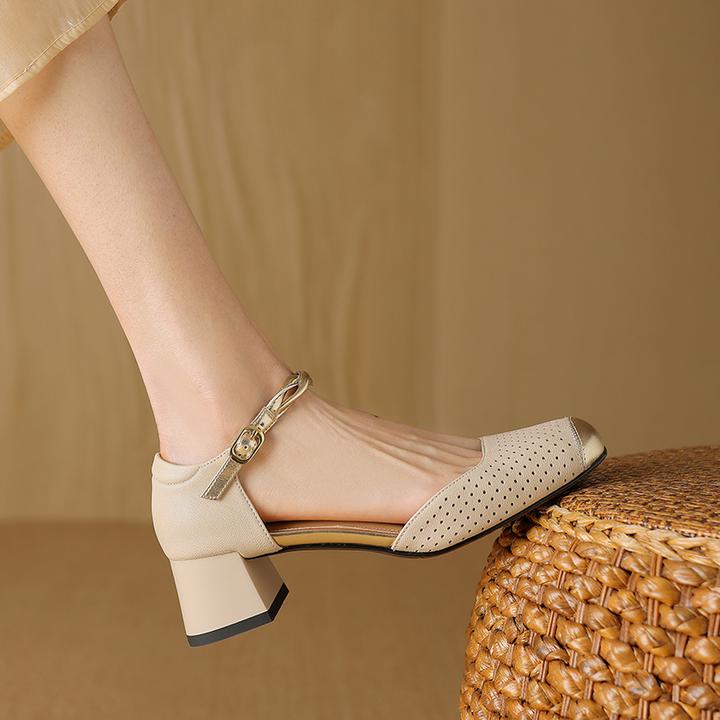 真皮断码清仓2025夏季复古小香风粗跟凉鞋软底包头凉鞋法式镂空