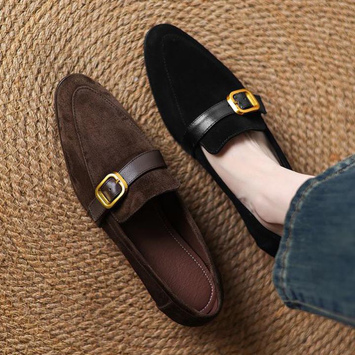 真皮新款时尚皮带扣深口乐福鞋女百搭中粗跟一脚蹬英伦复古单鞋子