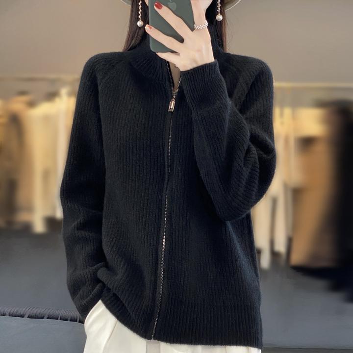 秋冬新款羊毛开衫女高领羊绒针织拉链重磅加厚宽松显瘦毛衣外套