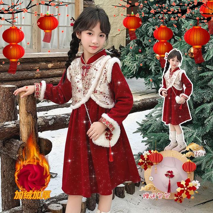 拜年服女童连衣裙秋冬儿童新年公主裙中国风宝宝冬季加绒汉服裙子