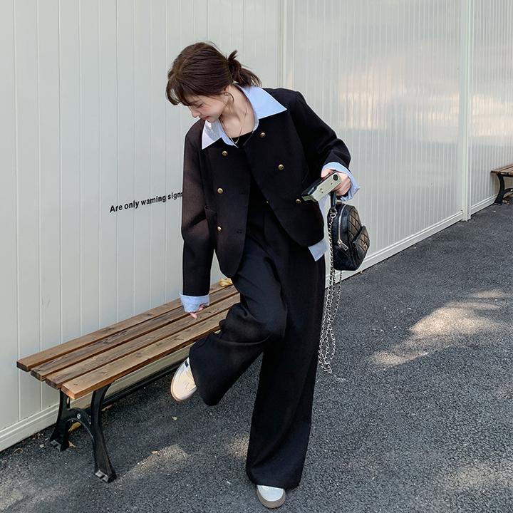 撞色假两件外套阔腿裤两件套女2025春季新款高级感时尚显瘦套装