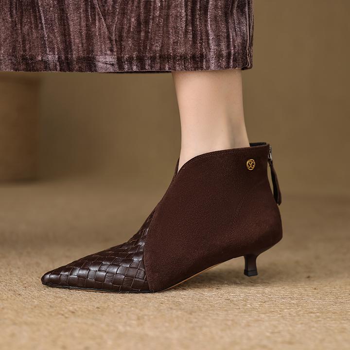 3.5cm法式复古风羊皮短靴细跟尖头中跟编织单靴时尚高跟瘦瘦靴女
