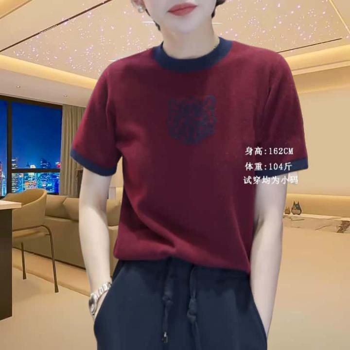 早春气质撞色针织短袖2025新款圆领休闲百搭显瘦大码t恤上衣女士