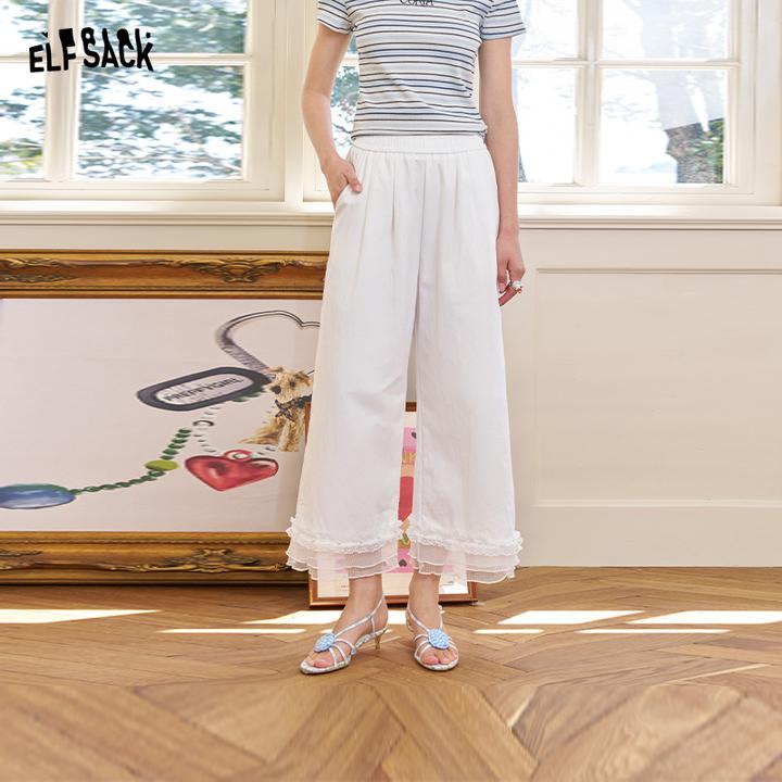 妖精的口袋蕾丝边休闲裤2025春季新款裤子高腰时尚百搭设计感运动
