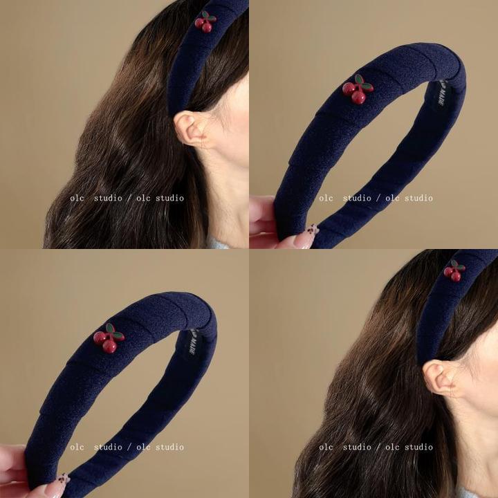 樱桃甜酒！小樱桃布艺发箍刘海夹BB夹高级感藏蓝色蝴蝶结发卡女