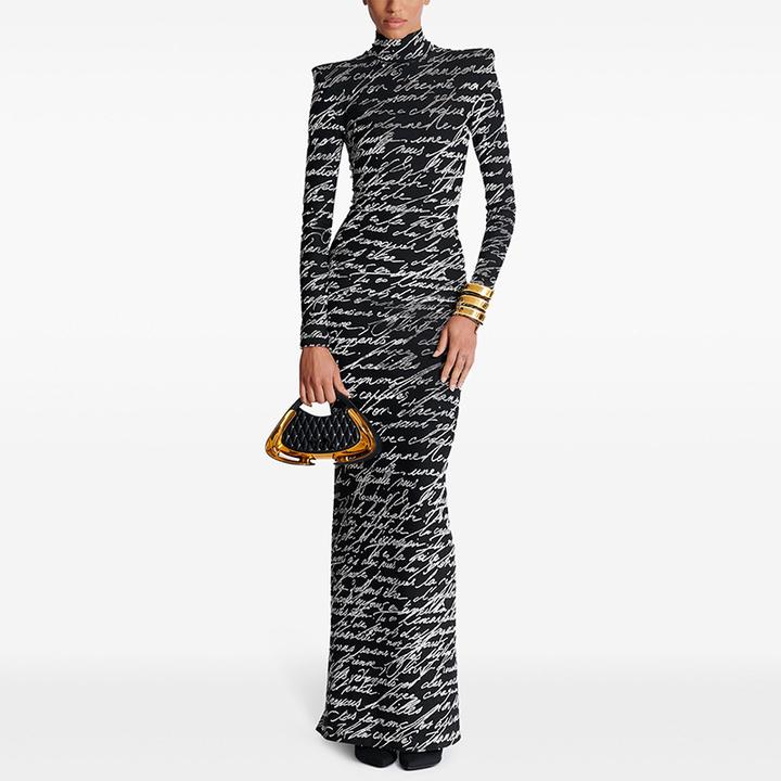 品质现货2025早春新款欧美明星礼服金丝绒LOVE字母印花长裙连衣裙