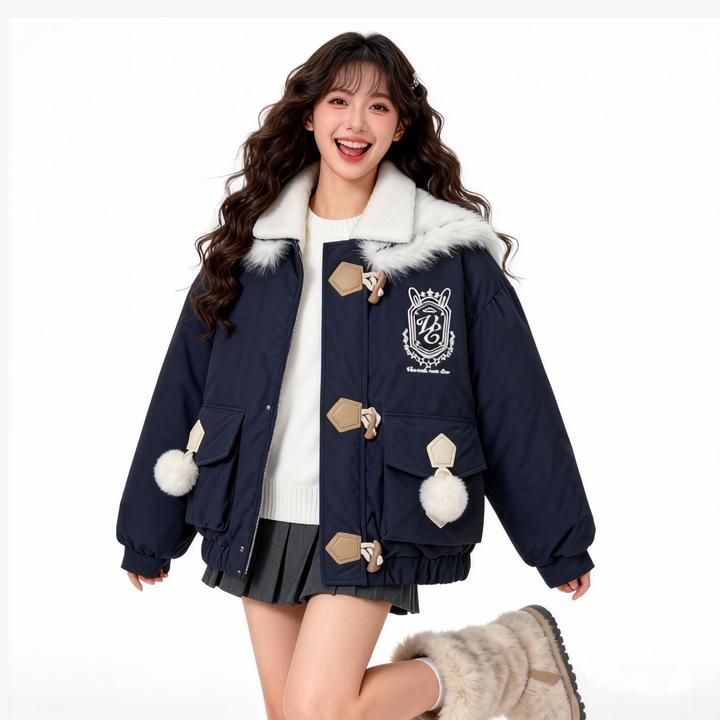 美式复古学院风甜美可爱少女风海军领棉服韩版大翻领夹棉外套短款