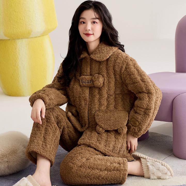 【2025新款】珊瑚绒夹棉三层保暖睡衣女士秋冬季加绒加厚时尚家居服