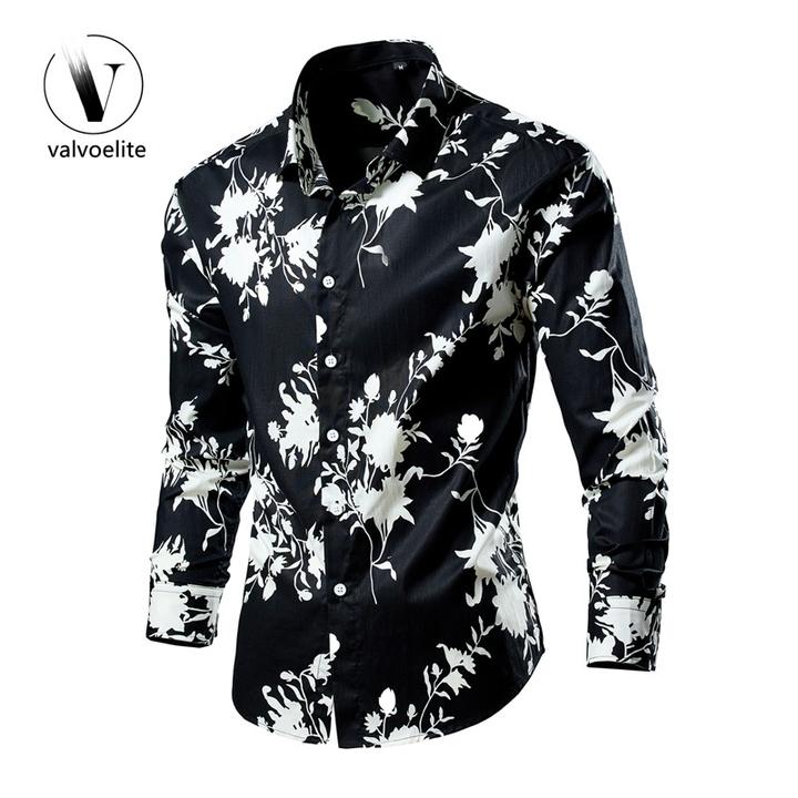 VALVOELITE秋季碎花长袖衬衫旅游度假痞帅发型师花纹衬衣大码男