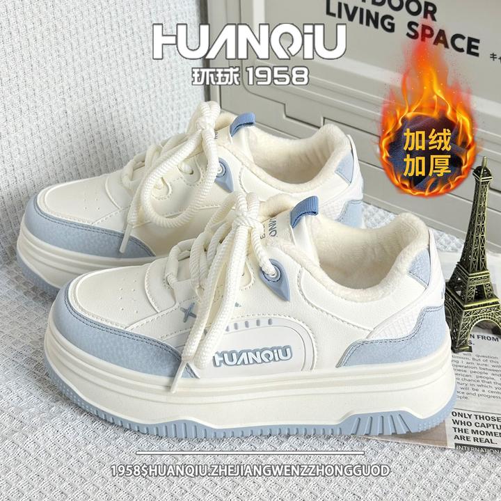 环球海盐蓝加绒加厚小众运动板鞋女冬季新款厚底学生百搭休闲板鞋