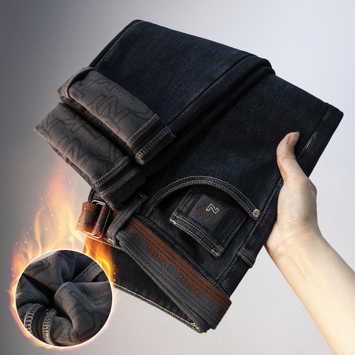 洛尼提日亚男加绒牛仔裤潮流新款冬季保暖长裤弹力修身小脚休闲裤