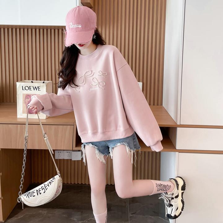 春秋薄长袖卫衣女韩版小个子宽松显瘦设计感时尚钉珠网红休闲上衣