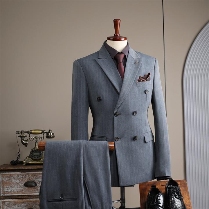 蓝色双排扣西服套装男式正装英伦时尚婚礼伴郎服商务休闲西装男装