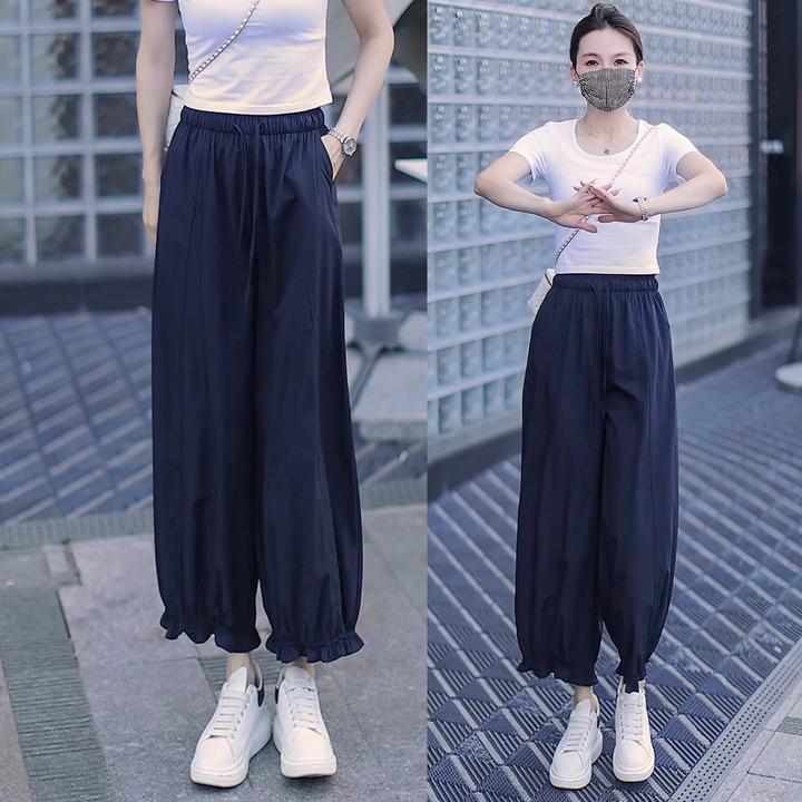 轻薄松紧腰木耳边花苞裤女2025年夏季新款休闲宽松九分透气灯笼裤