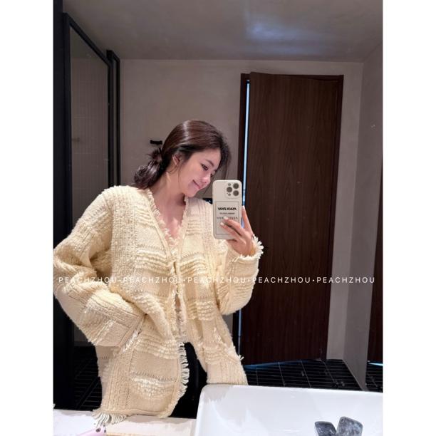 『PEACHZHOU』鹿毛绒双层流苏毛巾绣开衫温柔休闲宽松V领毛衣外套女