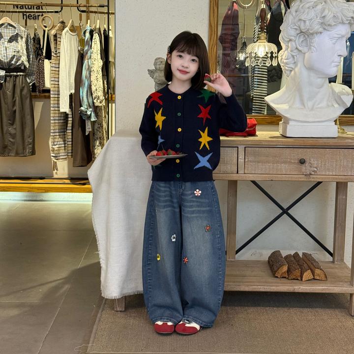 女童星星毛衣小花牛仔裤春秋2025新款韩版针织开衫洋气女孩两件潮