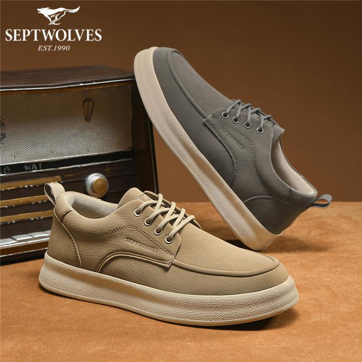 七匹狼秋季车缝线轻便透气防滑系带休闲皮鞋潮鞋低帮复古通勤百搭