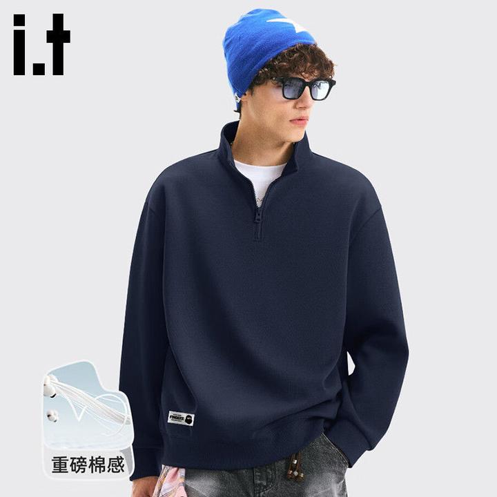 it FINGERCROXX潮牌半拉链卫衣男秋季痞帅宽松重磅藏青色长袖外套