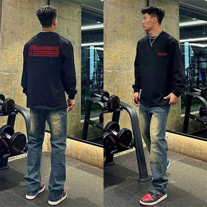 港风小领口简约长袖T恤男女秋冬季新款字母印花宽松上衣打底衫ins