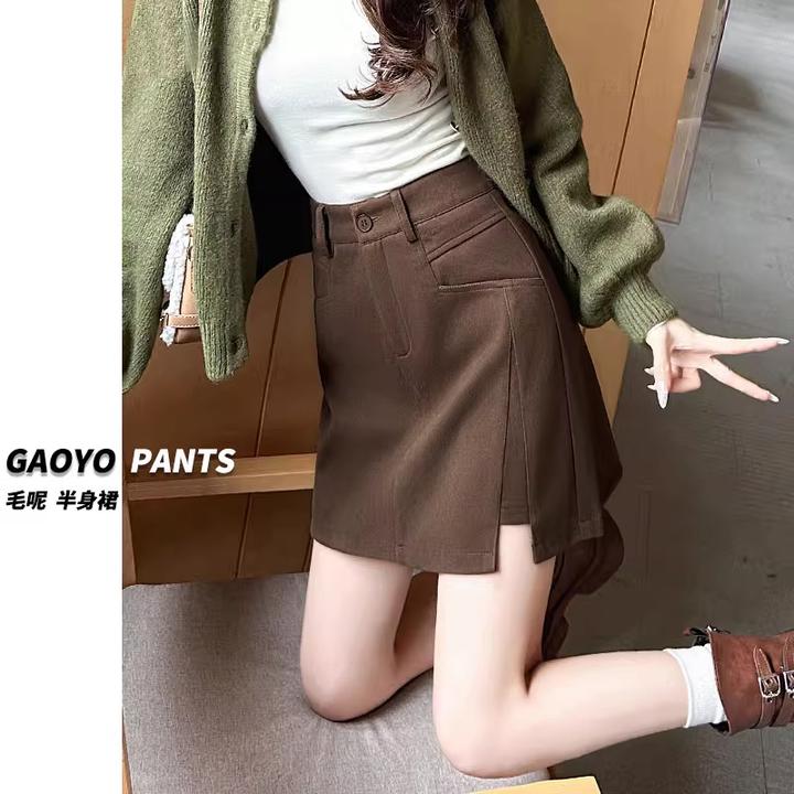 咖色毛呢半身裙女2025秋冬新款a字短裙梨型身材高腰显瘦包臀裙子