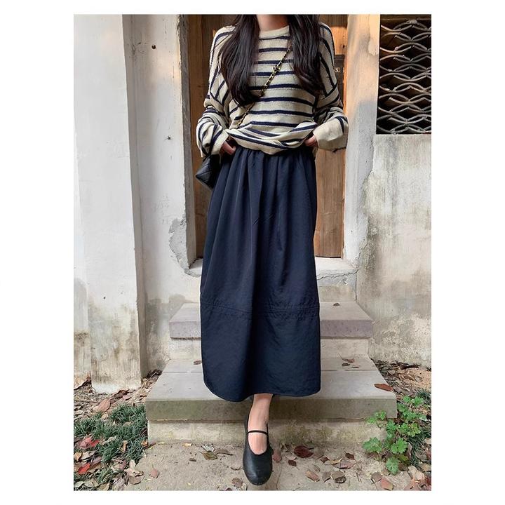 韩系慵懒风松紧腰蓝色冰感柔丝裙女夏季新款拼接a字中长月光伞裙