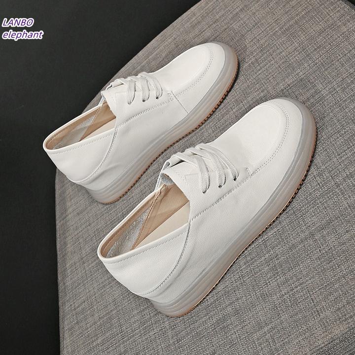 内增高两穿小白鞋女头层牛皮显脚小浅口单鞋牛筋小皮鞋小码33 34