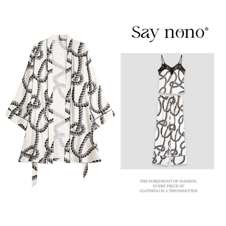 Say nono【懒猫nono】冰丝贡缎捆绳系吊带长裤外袍家居服3件套睡衣
