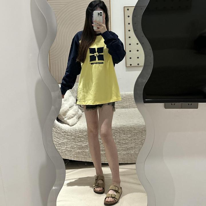 300斤胖MM大码女装美式复古拼接撞色长袖t恤女宽松百搭显瘦上衣女