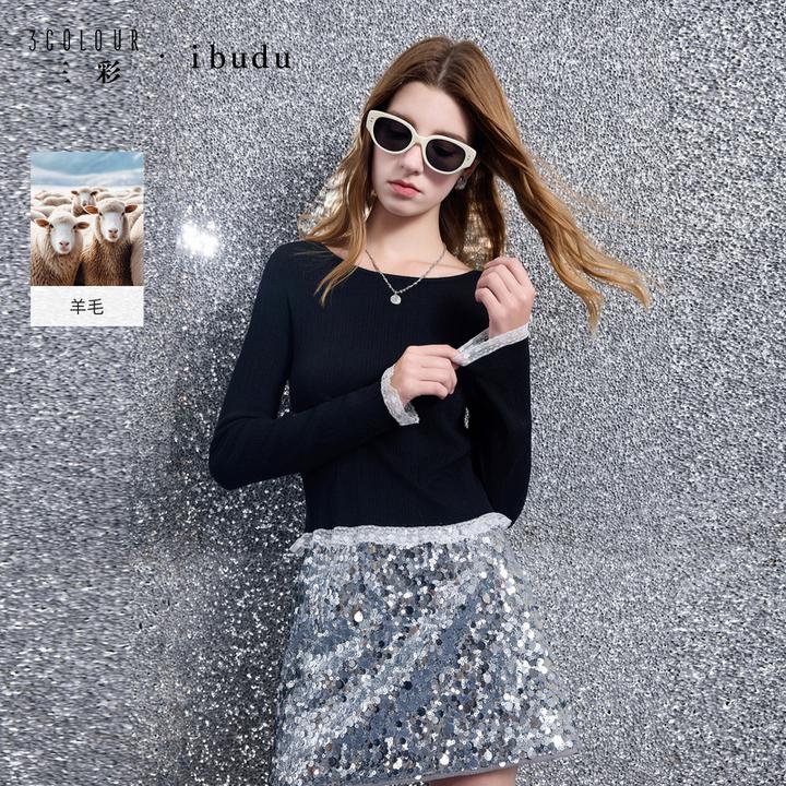 三彩ibudu2025冬季新款肌理感针织衫花边拼接修身毛衫短款女