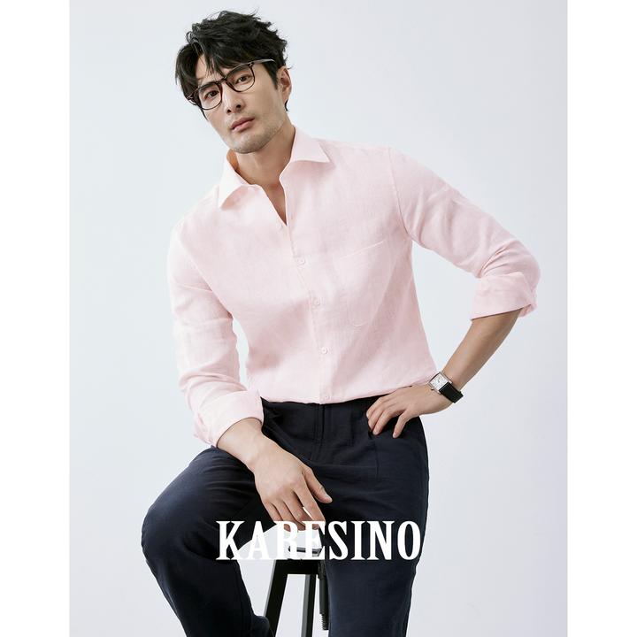 KARESINO高定轻奢100％亚麻粉色衬衣老钱风男装休闲口袋衬衫长袖