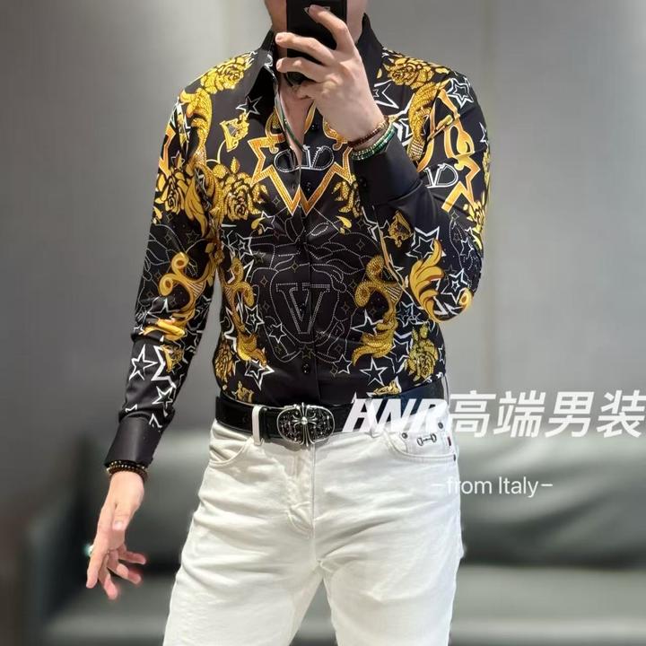 美人头巴洛克风格星星图案高端弹力莱卡面料长袖男士衬衫2540