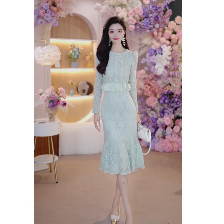 2025春秋穿搭长袖蕾丝扎花中长款仙女荷叶裙高级感鱼尾连衣裙6119