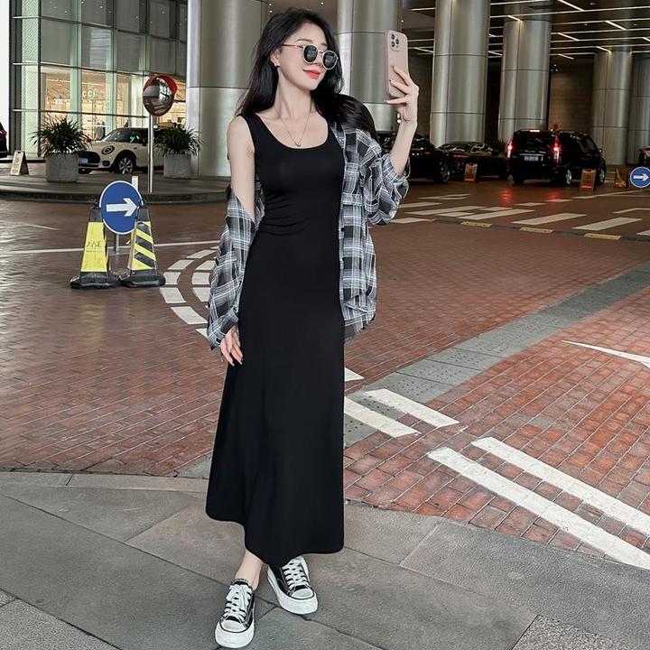 莫代尔超长吊带裙垂感连衣裙女夏新款气质到脚踝长裙黑色显瘦裙子