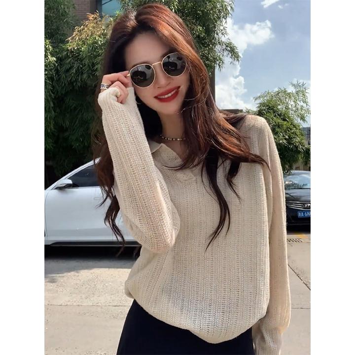 高级感灰色polo领长袖针织衫女秋季老钱风毛衣内搭打底衫气质上衣