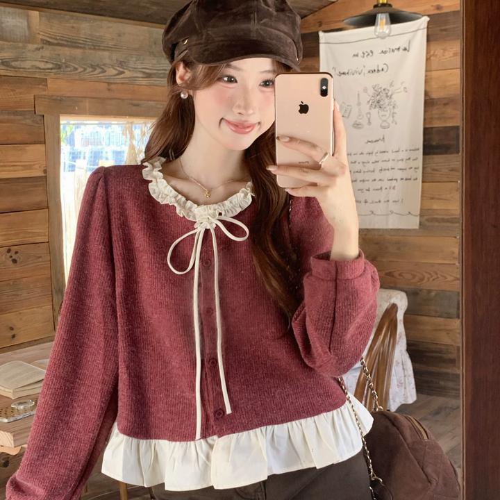 韩版甜美花边圆领系带泡泡袖假两女冬季新款休闲宽松直筒衬衫