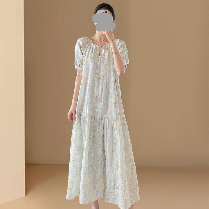 法式气质名媛设计感拼接短袖连衣裙女夏季新款高级感收腰显瘦长裙